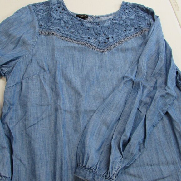 Talbots Embroidered Cut Out Chambray Blouse Tencel Denim Blue Size XL - Picture 10 of 16